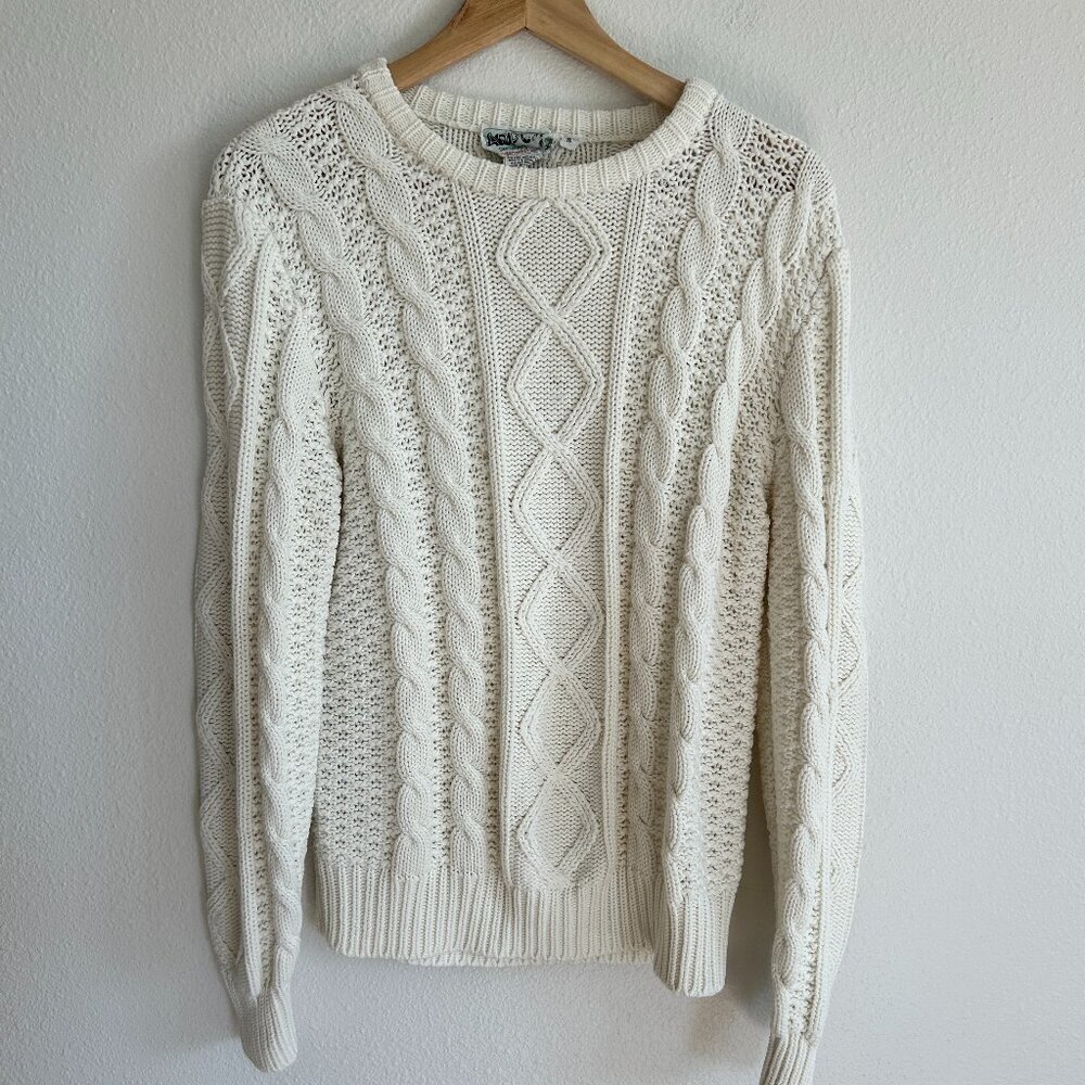 Vintage Arpeja Cable Knit Sweater S Ivory Pullover 100% Organic Acrylic